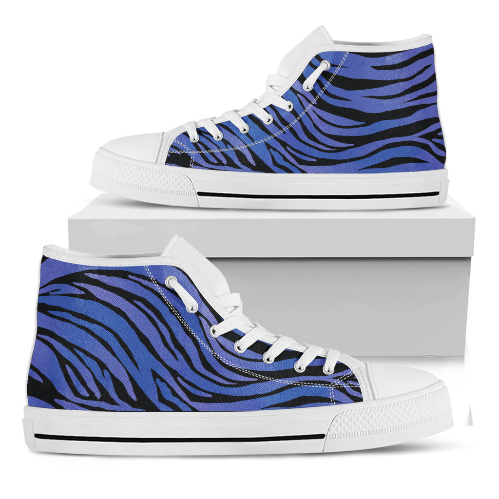 Black Blue Zebra Pattern Print White High Top Sneakers