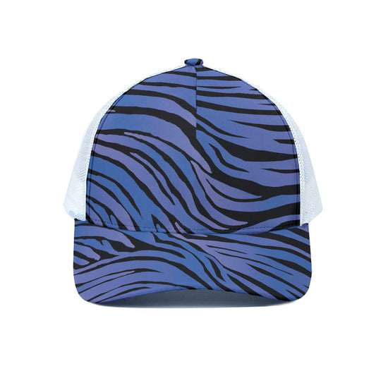Black Blue Zebra Pattern Print White Mesh Trucker Cap
