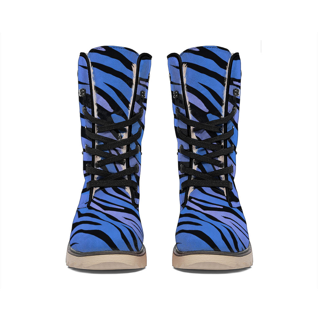 Black Blue Zebra Pattern Print Winter Boots