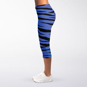 Black Blue Zebra Pattern Print Women's Capri Leggings