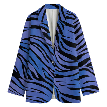 Black Blue Zebra Pattern Print Women's Cotton Blazer