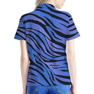 Black Blue Zebra Pattern Print Women's Polo Shirt