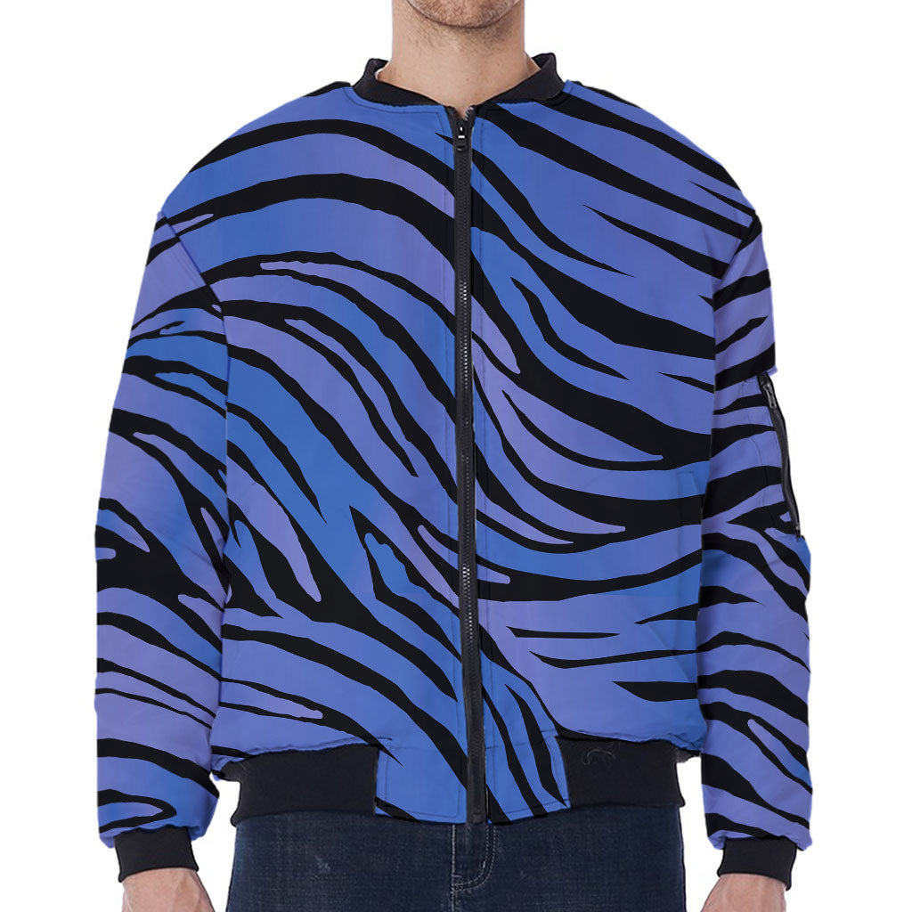 Black Blue Zebra Pattern Print Zip Sleeve Bomber Jacket