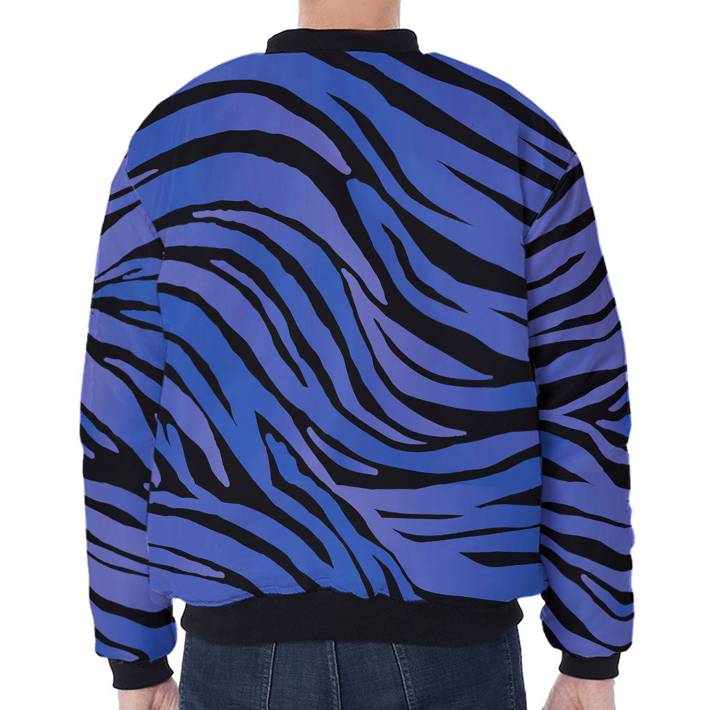 Black Blue Zebra Pattern Print Zip Sleeve Bomber Jacket