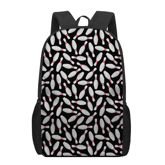 Black Bowling Pins Pattern Print 17 Inch Backpack