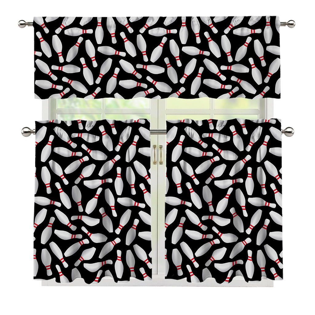 Black Bowling Pins Pattern Print 3 Piece Kitchen Curtains