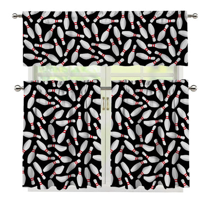 Black Bowling Pins Pattern Print 3 Piece Kitchen Curtains