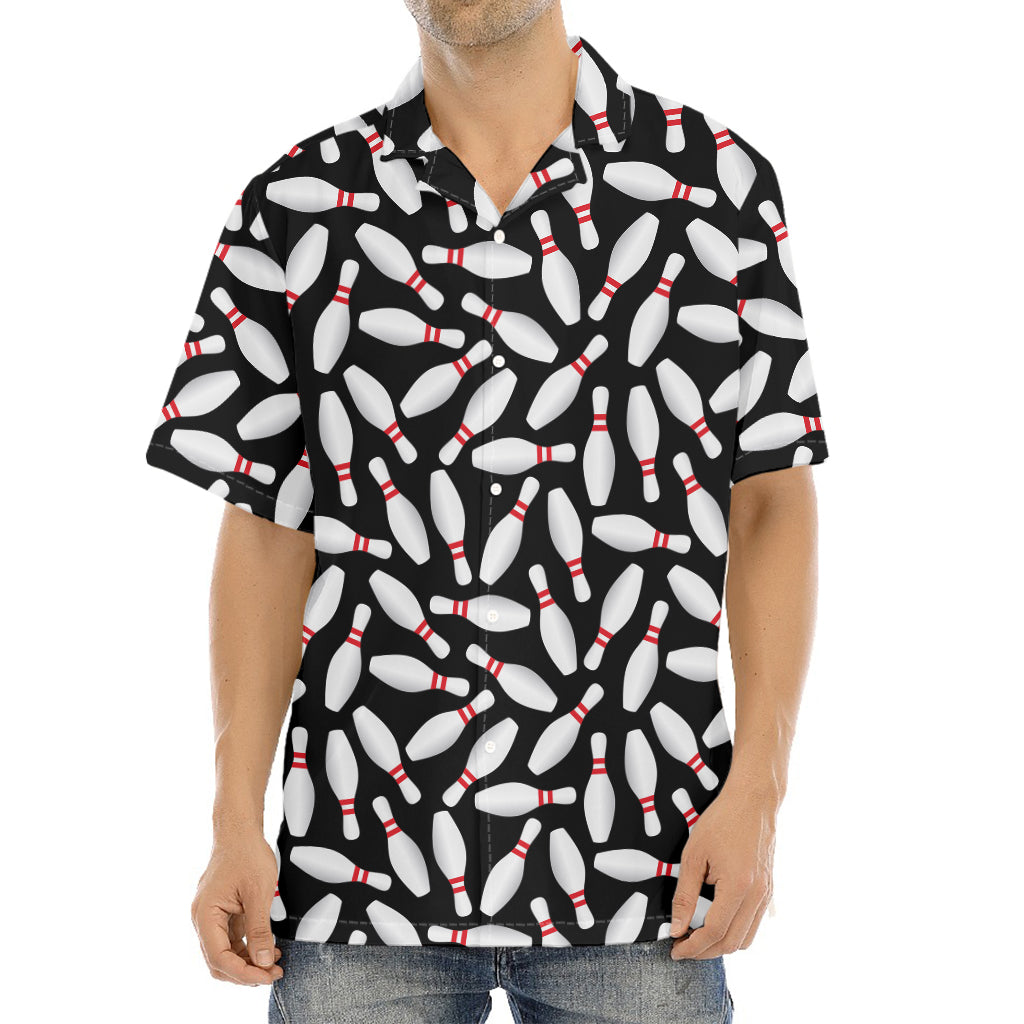 Black Bowling Pins Pattern Print Aloha Shirt