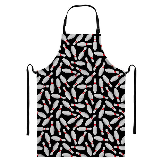 Black Bowling Pins Pattern Print Bib Apron With Pocket