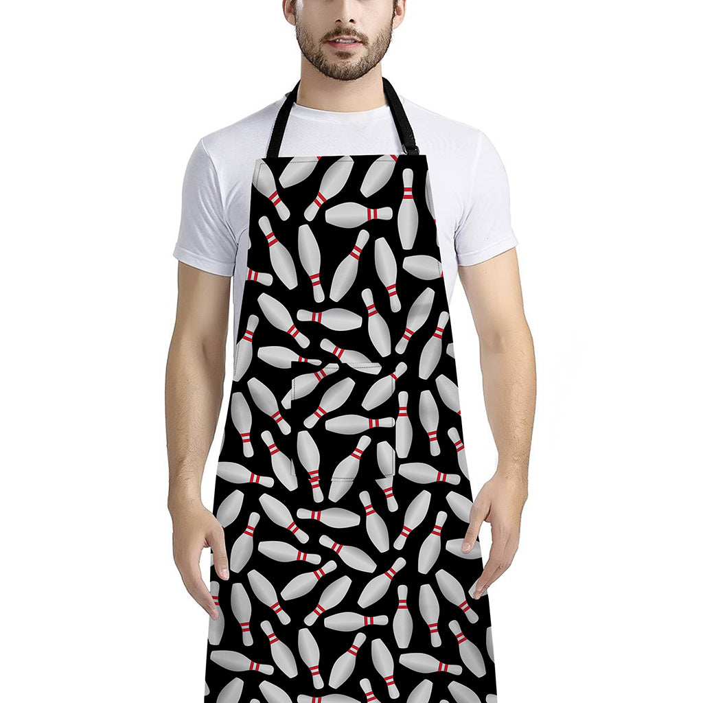 Black Bowling Pins Pattern Print Bib Apron With Pocket