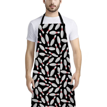 Black Bowling Pins Pattern Print Bib Apron With Pocket