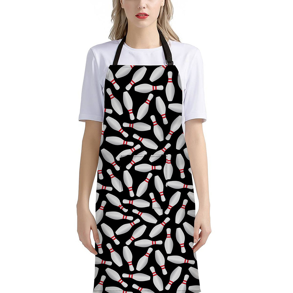 Black Bowling Pins Pattern Print Bib Apron With Pocket