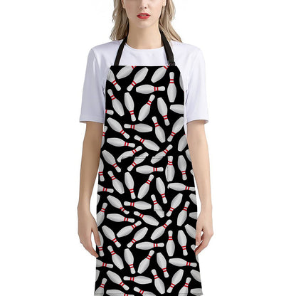 Black Bowling Pins Pattern Print Bib Apron With Pocket