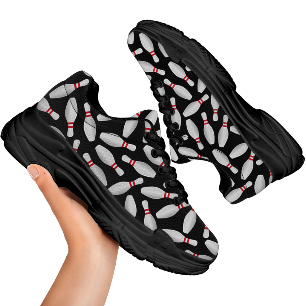 Black Bowling Pins Pattern Print Black Chunky Shoes