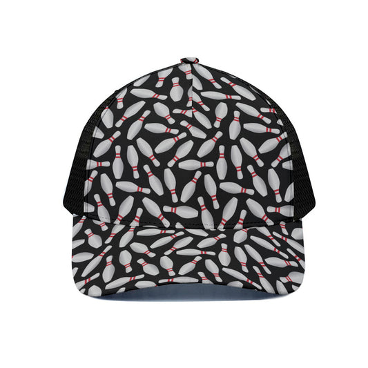 Black Bowling Pins Pattern Print Black Mesh Trucker Cap