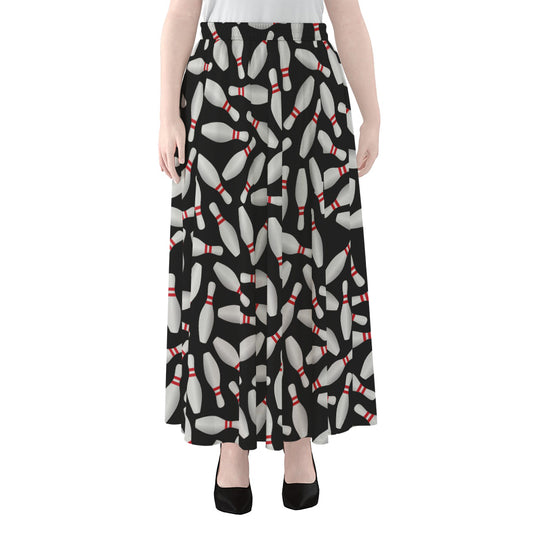 Black Bowling Pins Pattern Print Chiffon Maxi Skirt