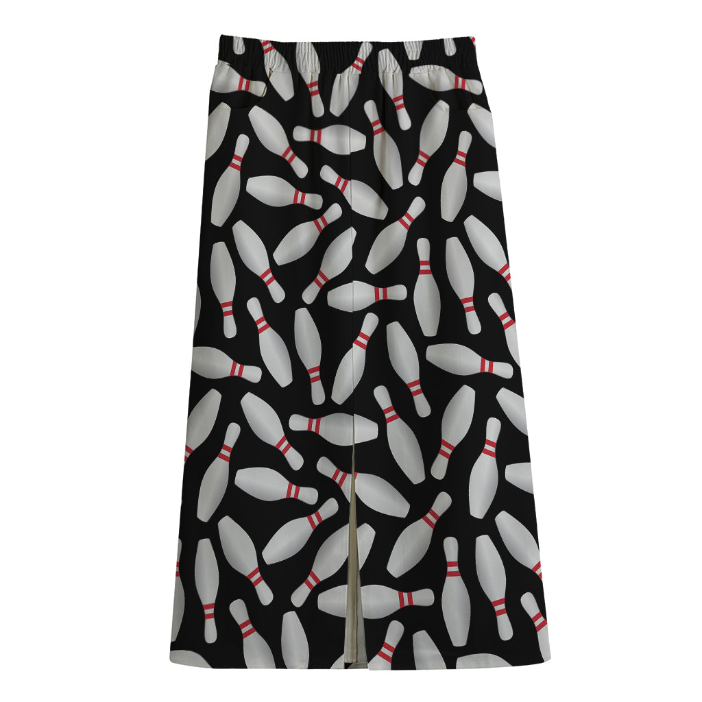 Black Bowling Pins Pattern Print Cotton Front Slit Maxi Skirt