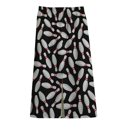 Black Bowling Pins Pattern Print Cotton Front Slit Maxi Skirt