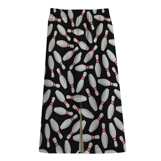 Black Bowling Pins Pattern Print Cotton Front Slit Maxi Skirt
