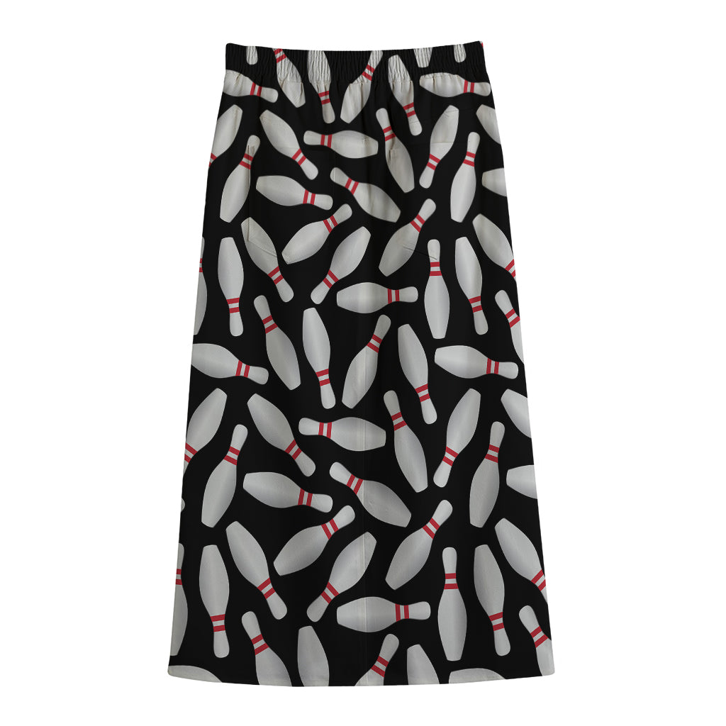 Black Bowling Pins Pattern Print Cotton Front Slit Maxi Skirt