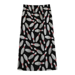 Black Bowling Pins Pattern Print Cotton Front Slit Maxi Skirt