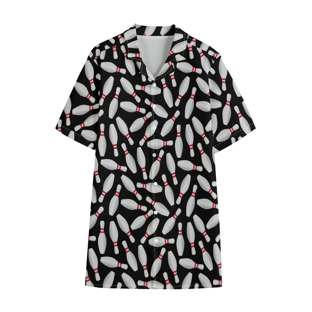 Black Bowling Pins Pattern Print Cotton Hawaiian Shirt