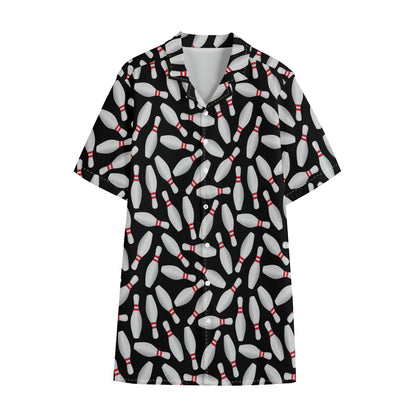 Black Bowling Pins Pattern Print Cotton Hawaiian Shirt