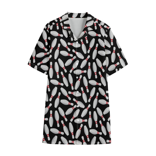 Black Bowling Pins Pattern Print Cotton Hawaiian Shirt