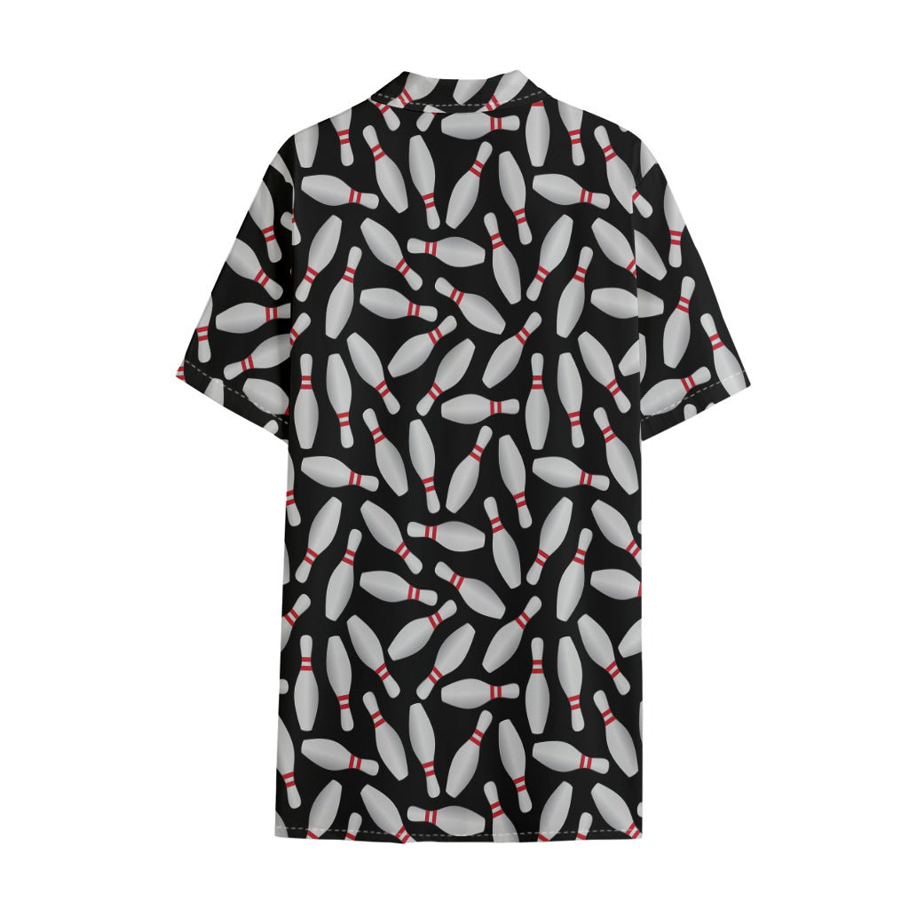 Black Bowling Pins Pattern Print Cotton Hawaiian Shirt