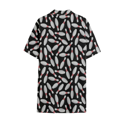 Black Bowling Pins Pattern Print Cotton Hawaiian Shirt