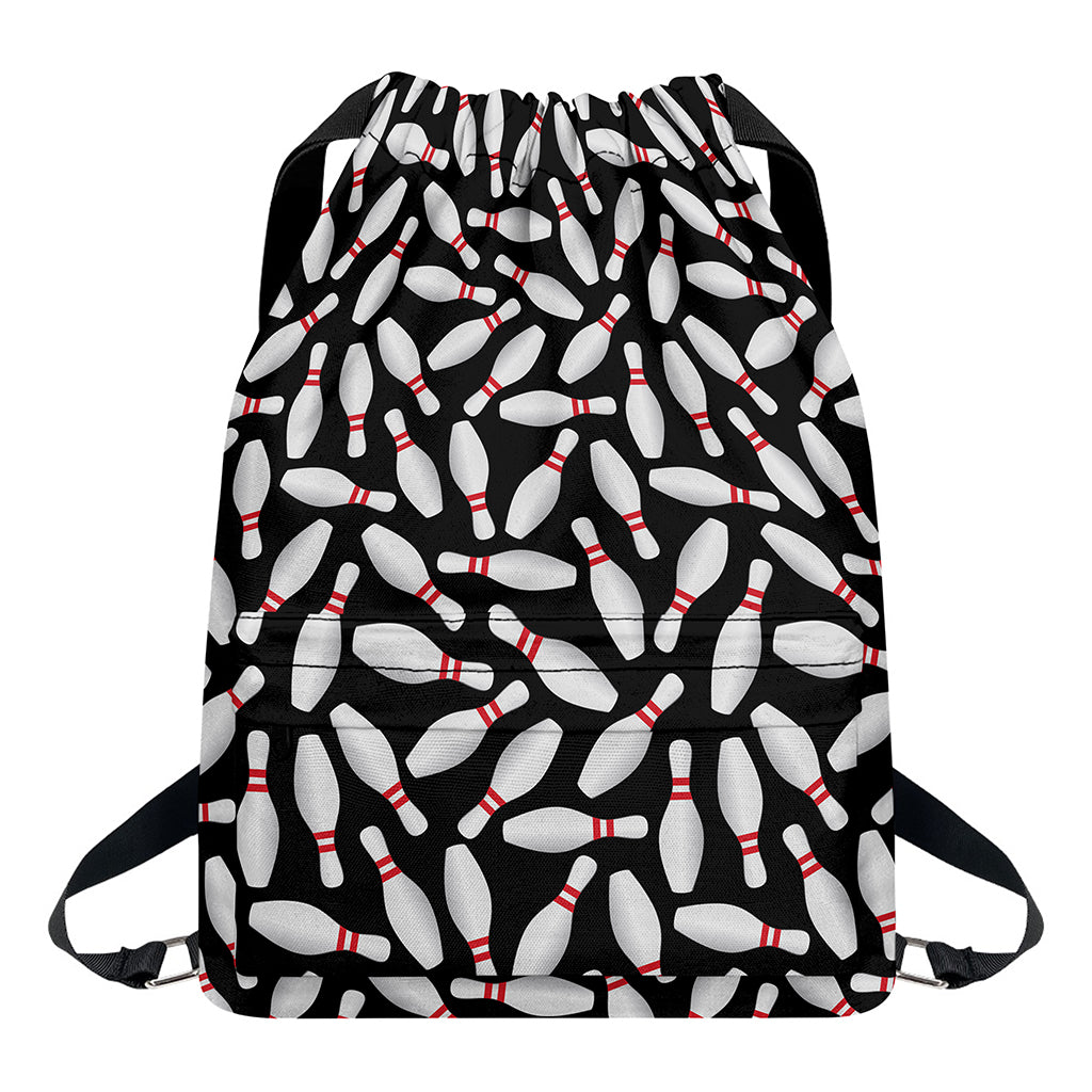 Black Bowling Pins Pattern Print Drawstring Backpack