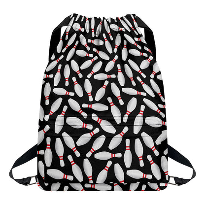 Black Bowling Pins Pattern Print Drawstring Backpack