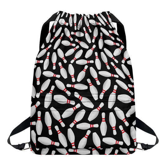 Black Bowling Pins Pattern Print Drawstring Backpack