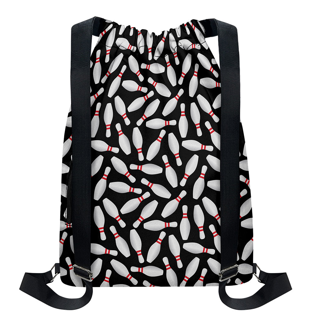 Black Bowling Pins Pattern Print Drawstring Backpack