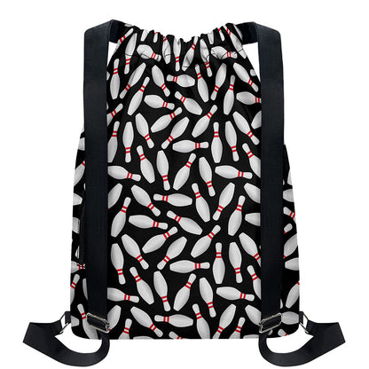 Black Bowling Pins Pattern Print Drawstring Backpack