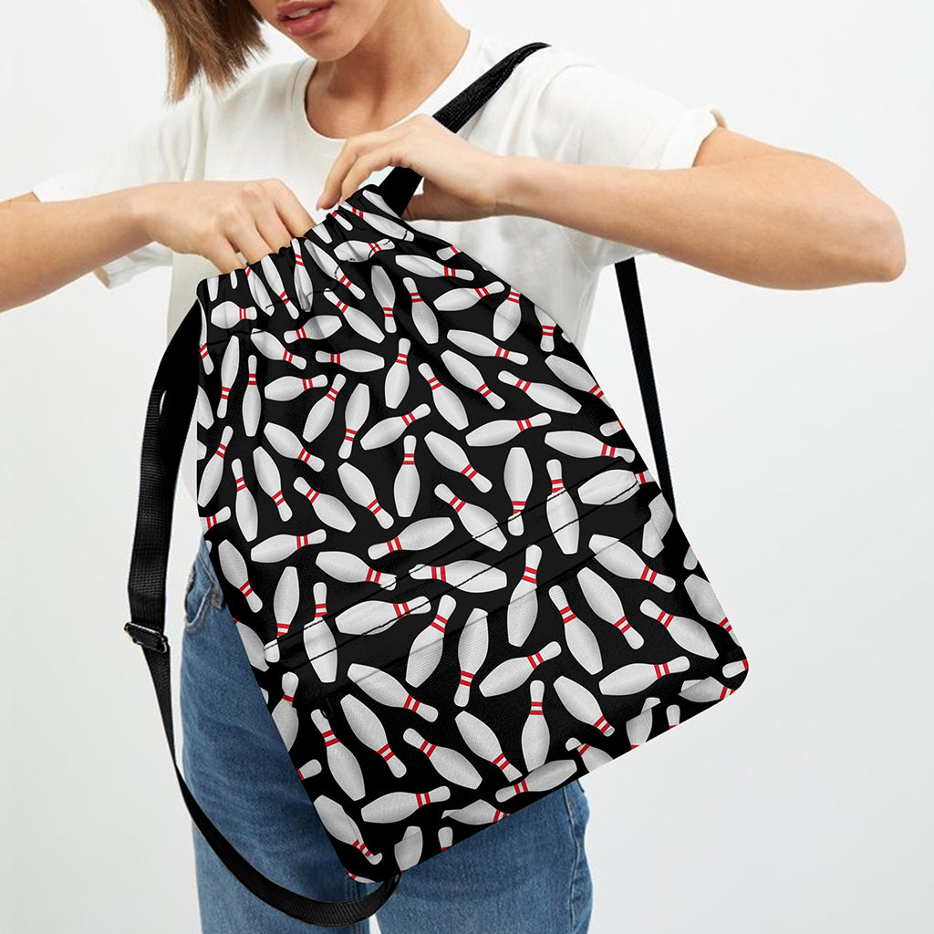 Black Bowling Pins Pattern Print Drawstring Backpack