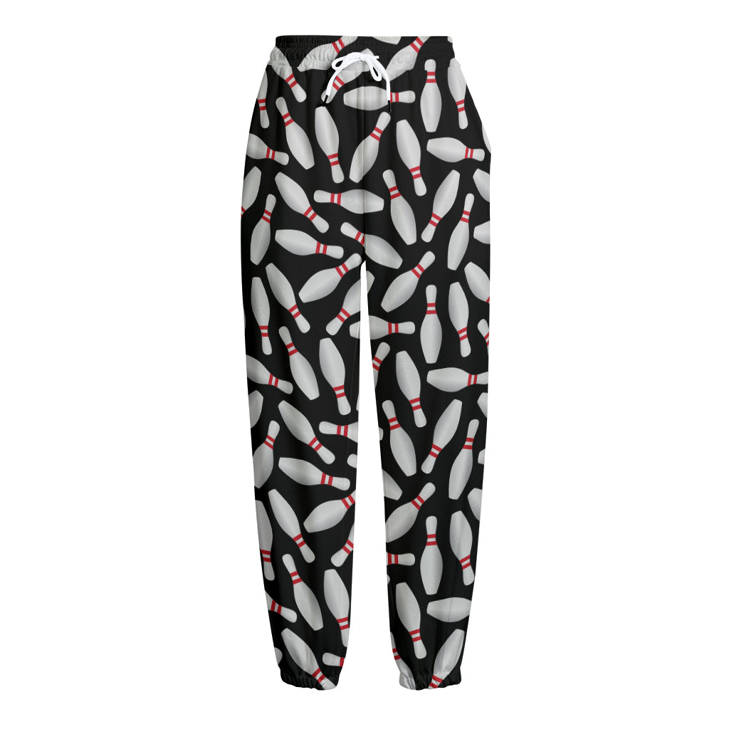 Black Bowling Pins Pattern Print Fleece Lined Knit Pants