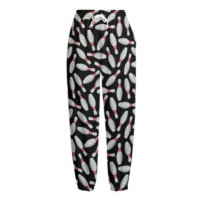 Black Bowling Pins Pattern Print Fleece Lined Knit Pants