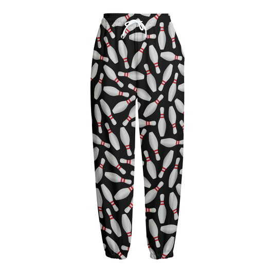 Black Bowling Pins Pattern Print Fleece Lined Knit Pants