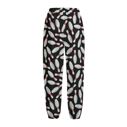 Black Bowling Pins Pattern Print Fleece Lined Knit Pants