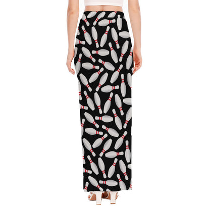 Black Bowling Pins Pattern Print High Slit Maxi Skirt