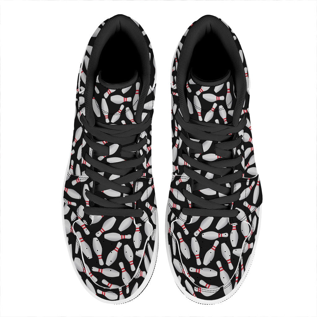 Black Bowling Pins Pattern Print High Top Leather Sneakers
