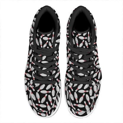 Black Bowling Pins Pattern Print High Top Leather Sneakers