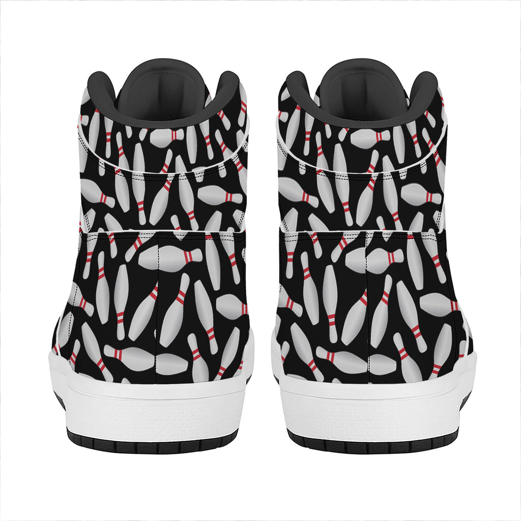 Black Bowling Pins Pattern Print High Top Leather Sneakers