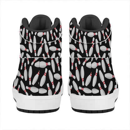 Black Bowling Pins Pattern Print High Top Leather Sneakers