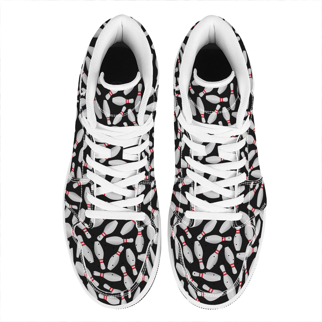 Black Bowling Pins Pattern Print High Top Leather Sneakers