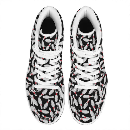 Black Bowling Pins Pattern Print High Top Leather Sneakers