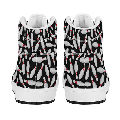 Black Bowling Pins Pattern Print High Top Leather Sneakers