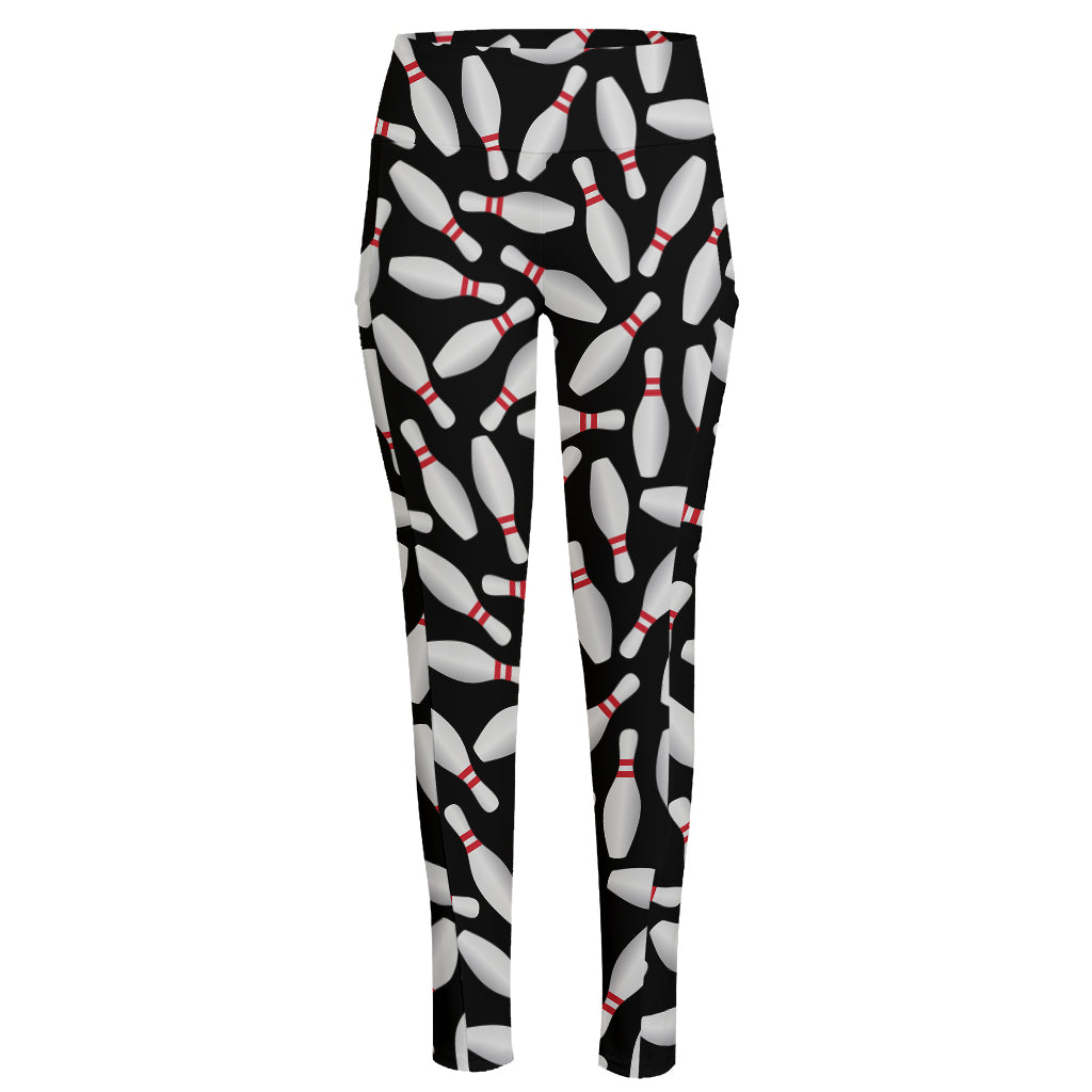 Black Bowling Pins Pattern Print High-Waisted Pocket Leggings