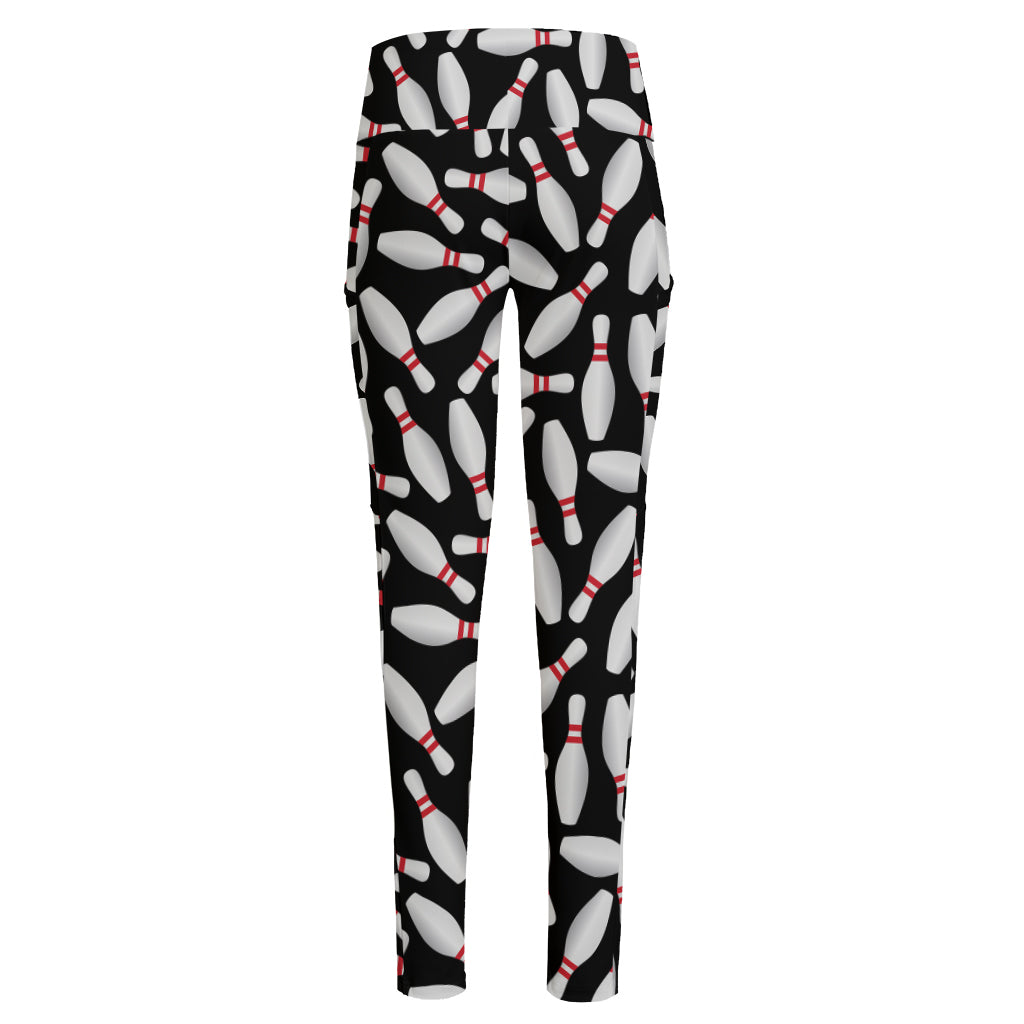 Black Bowling Pins Pattern Print High-Waisted Pocket Leggings
